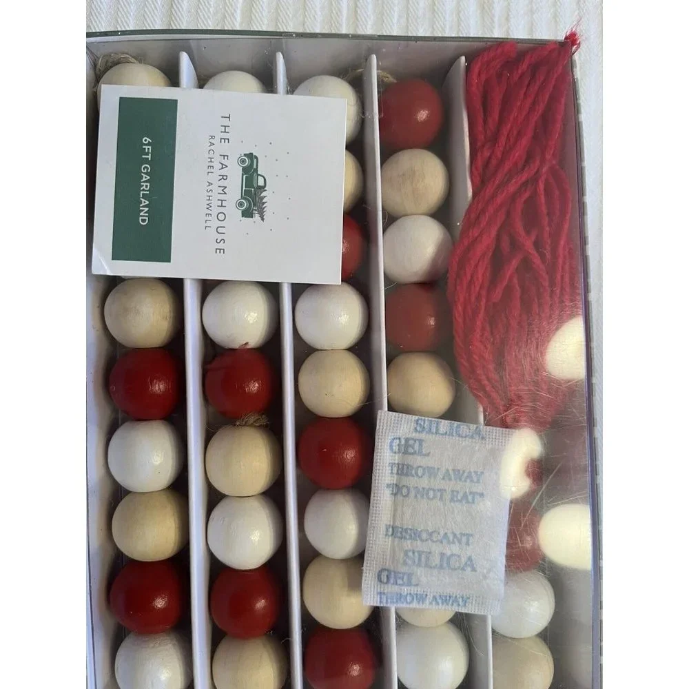 Wood Bead 6ft Garland Red White Cream NEW The Farmhouse Rachel Ashwell